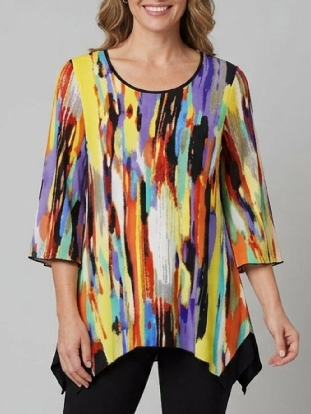 Peter Nygard Stretchy Colourful Tunic With Sheer Sleeves